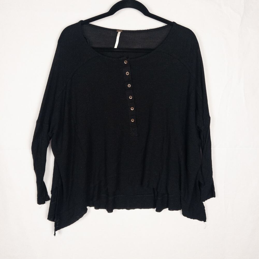 Free People XS Black Oversized Thermal Henley Top Waffle Knit Raw Hem Boho READ